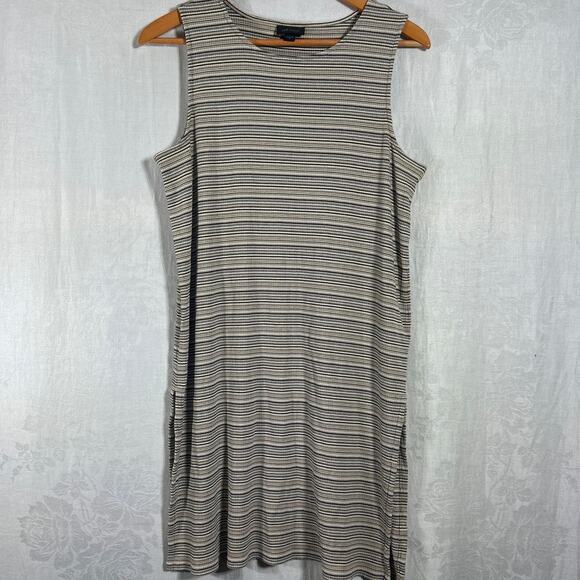 J Jill Wearever Tank Dress Medium Brown Black Striped Slinky Tunic Stretch - Picture 1 of 9